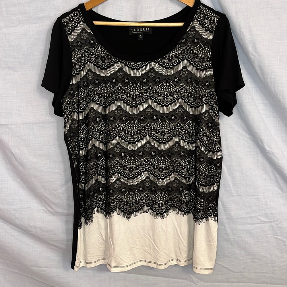 Eloquii Black and White Lace-Overlay Short Sleeve Blouse